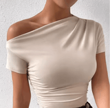 Solid One Shoulder T-Shirt – Elegant Short Sleeve Ruched Top for Women – Stylish Spring & Summer Clothing