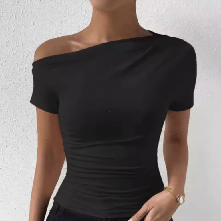 Solid One Shoulder T-Shirt – Elegant Short Sleeve Ruched Top for Women – Stylish Spring & Summer Clothing