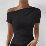 Solid One Shoulder T-Shirt – Elegant Short Sleeve Ruched Top for Women – Stylish Spring & Summer Clothing