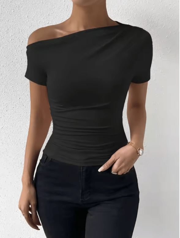 Solid One Shoulder T-Shirt – Elegant Short Sleeve Ruched Top for Women – Stylish Spring & Summer Clothing