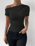 Solid One Shoulder T-Shirt – Elegant Short Sleeve Ruched Top for Women – Stylish Spring & Summer Clothing