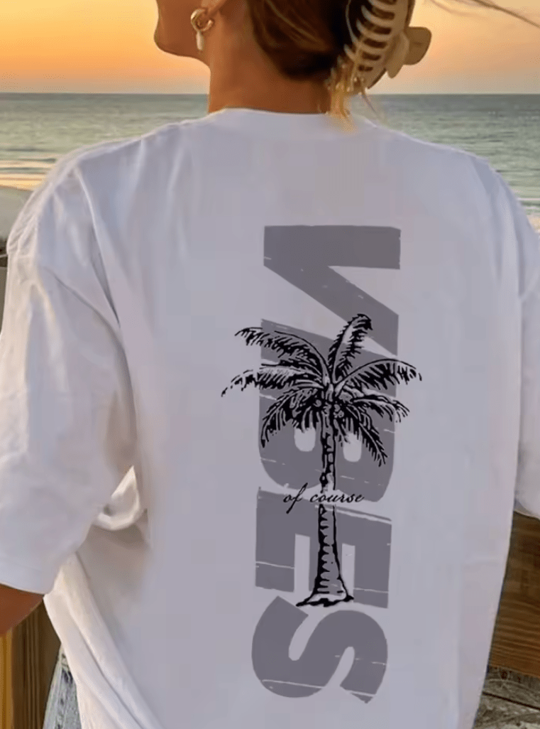 Women’s Coconut Tree & “Vibes” Graphic T-Shirt – Summer Cotton Beach Style Tee – Casual Round Neck Short Sleeve Top