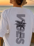 Women’s Coconut Tree & “Vibes” Graphic T-Shirt – Summer Cotton Beach Style Tee – Casual Round Neck Short Sleeve Top