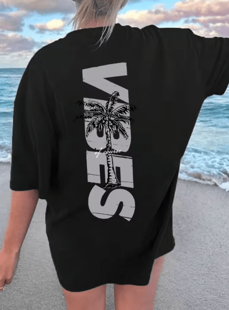 Women’s Coconut Tree & “Vibes” Graphic T-Shirt – Summer Cotton Beach Style Tee – Casual Round Neck Short Sleeve Top