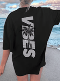 Women’s Coconut Tree & “Vibes” Graphic T-Shirt – Summer Cotton Beach Style Tee – Casual Round Neck Short Sleeve Top