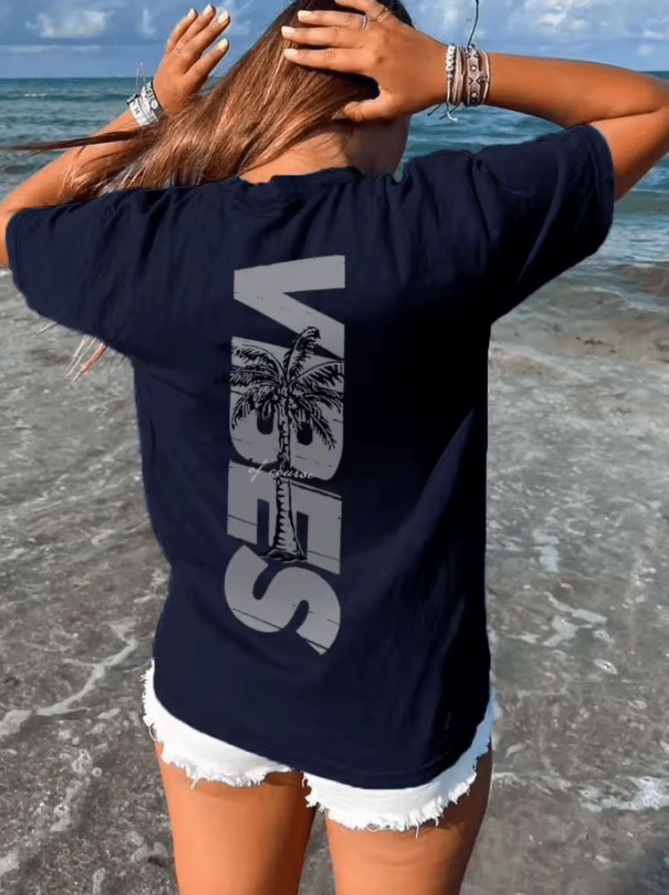Women’s Coconut Tree & “Vibes” Graphic T-Shirt – Summer Cotton Beach Style Tee – Casual Round Neck Short Sleeve Top