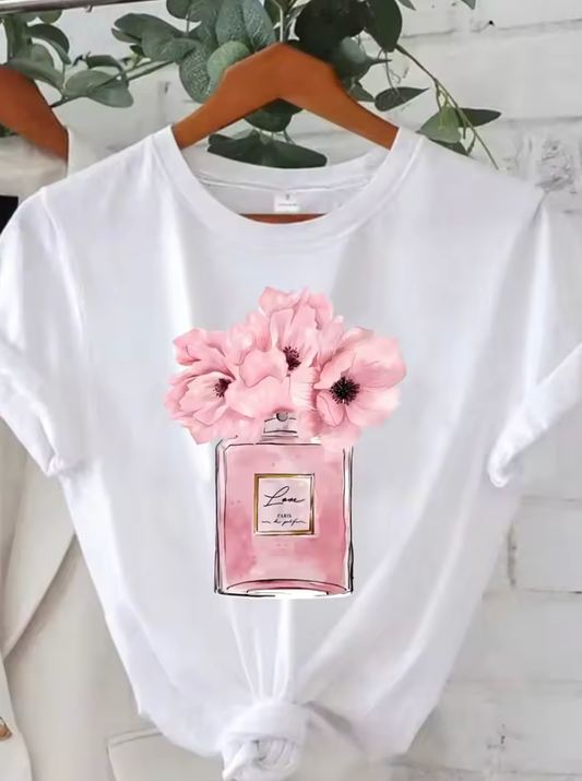 Women’s Pink Bottle & Flower Print T-Shirt – Fashion Round Neck Short Sleeve Stretch Tee – Casual Half Sleeve Top