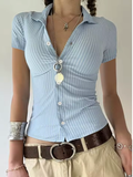 Sweetown Women’s Blue Stripe Short Sleeve Shirt – Slim Fit Button-Up Top with Turn-Down Collar – Casual Preppy Summer Tee