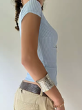 Sweetown Women’s Blue Stripe Short Sleeve Shirt – Slim Fit Button-Up Top with Turn-Down Collar – Casual Preppy Summer Tee