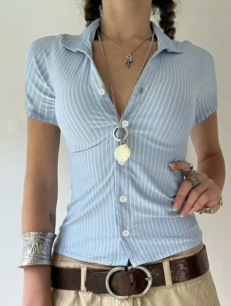 Sweetown Women’s Blue Stripe Short Sleeve Shirt – Slim Fit Button-Up Top with Turn-Down Collar – Casual Preppy Summer Tee
