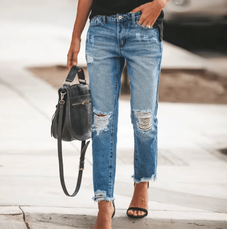 Women’s Distressed Retro Denim Jeans – Non-Stretch Casual Ripped Pants – European & American Fashion Style
