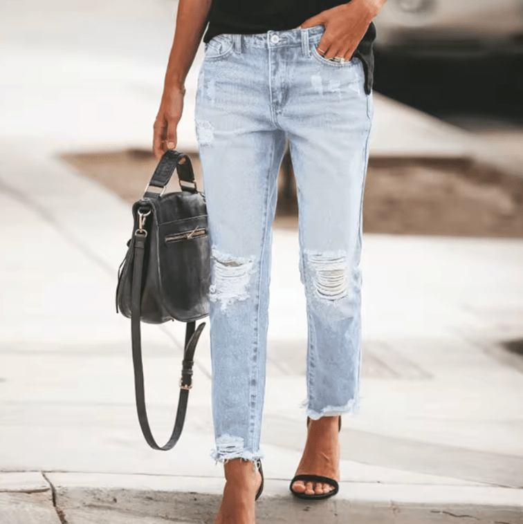 Women’s Distressed Retro Denim Jeans – Non-Stretch Casual Ripped Pants – European & American Fashion Style