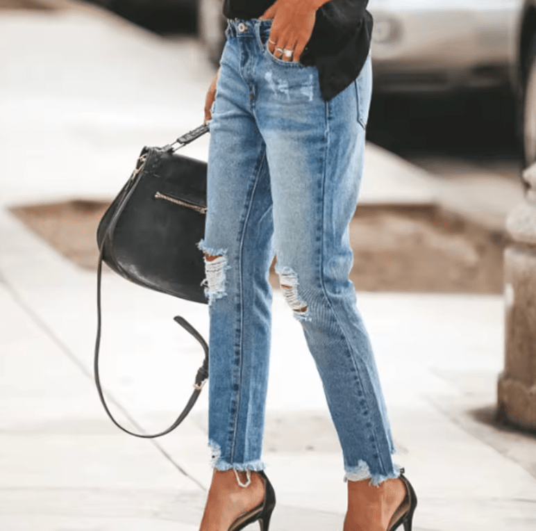 Women’s Distressed Retro Denim Jeans – Non-Stretch Casual Ripped Pants – European & American Fashion Style