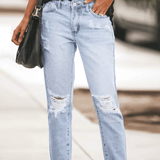 Women’s Distressed Retro Denim Jeans – Non-Stretch Casual Ripped Pants – European & American Fashion Style