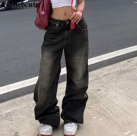 Women’s Low Waist Baggy Jeans – Y2K Goth Punk Style Wide Leg Denim Pants – Kpop Casual Streetwear Trousers