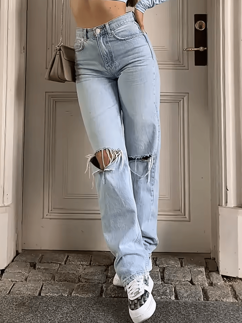 Women’s Knee-Ripped Straight Leg Jeans – Loose Fit Micro-Elastic Casual Denim Pants – Comfortable & Easy to Style