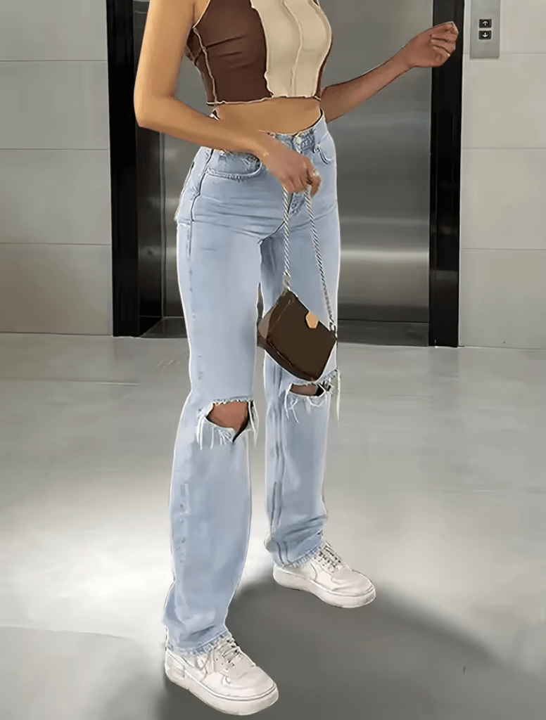 Women’s Knee-Ripped Straight Leg Jeans – Loose Fit Micro-Elastic Casual Denim Pants – Comfortable & Easy to Style