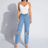 Plus Size Women’s Distressed Denim Jeans – Casual Torn Long Pants with Regular Thickness – Comfortable Everyday Fit