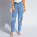 Plus Size Women’s Distressed Denim Jeans – Casual Torn Long Pants with Regular Thickness – Comfortable Everyday Fit