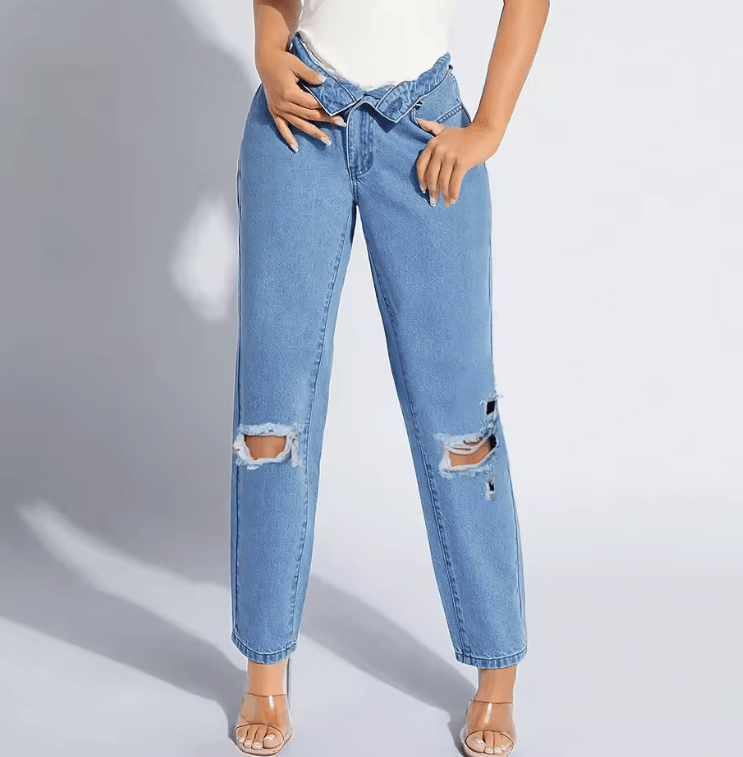 Plus Size Women’s Distressed Denim Jeans – Casual Torn Long Pants with Regular Thickness – Comfortable Everyday Fit
