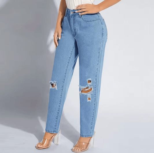 Plus Size Women’s Distressed Denim Jeans – Casual Torn Long Pants with Regular Thickness – Comfortable Everyday Fit