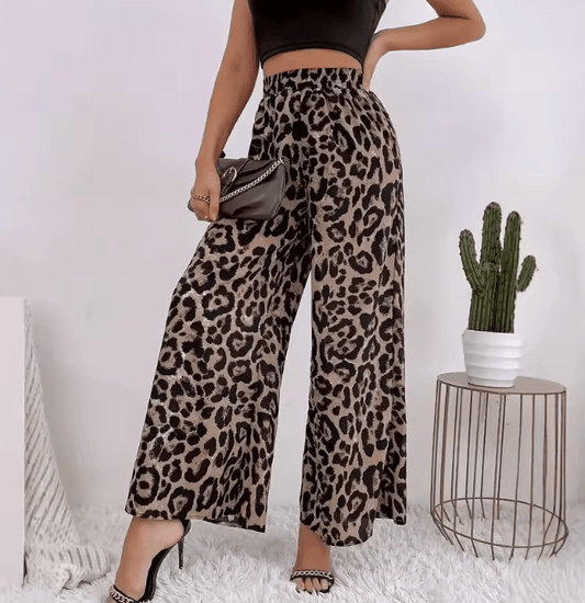 2025 Women’s Leopard Print Bell Bottoms – Elastic Waist Loose-Fit Casual Pants – Cross-Border Fashion for Spring & Autumn