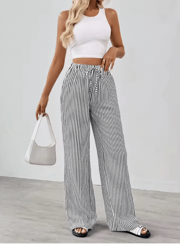 Women’s Striped Wide Leg Pants – High Waist Summer Trousers – Elegant Casual Fit, Lightweight & Flowy – European Street Style Everyday Fashion