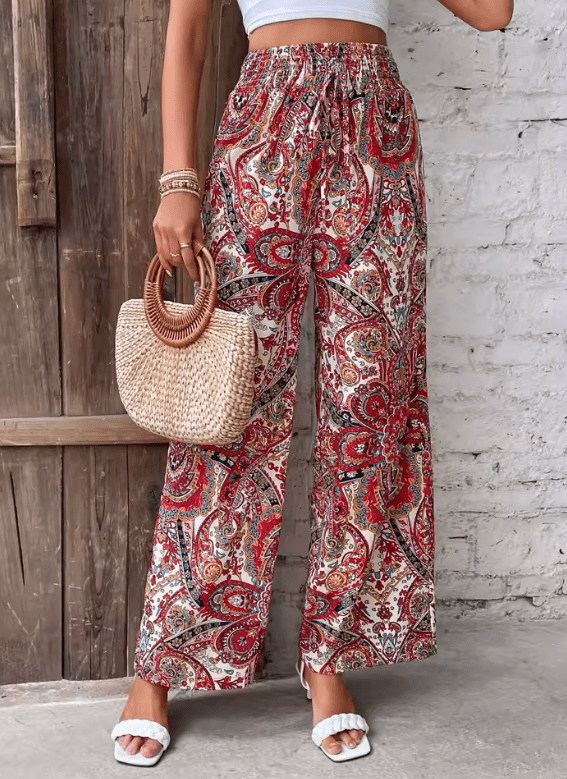 Women’s Vintage Print Wide-Leg Pants – High Waisted Spring Summer Trousers – Casual Office Lady Streetwear 2025 Fashion