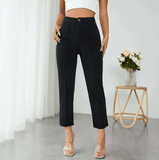 Women’s High Waist Solid Color Pencil Pants – All-Season Button Front Slim Fit Trousers – Full-Length Daily Office & Casual Wear