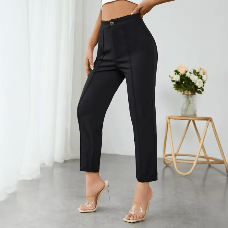 Women’s High Waist Solid Color Pencil Pants – All-Season Button Front Slim Fit Trousers – Full-Length Daily Office & Casual Wear