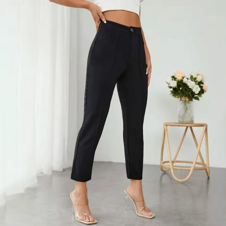 Women’s High Waist Solid Color Pencil Pants – All-Season Button Front Slim Fit Trousers – Full-Length Daily Office & Casual Wear
