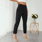 Women’s High Waist Solid Color Pencil Pants – All-Season Button Front Slim Fit Trousers – Full-Length Daily Office & Casual Wear