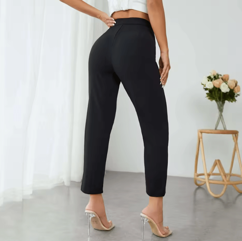 Women’s High Waist Solid Color Pencil Pants – All-Season Button Front Slim Fit Trousers – Full-Length Daily Office & Casual Wear