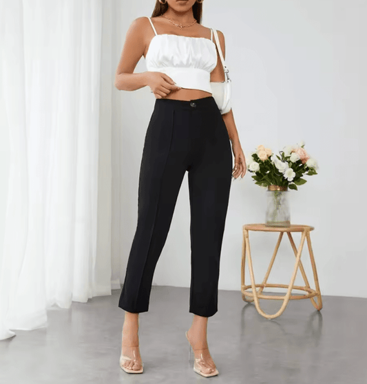 Women’s High Waist Solid Color Pencil Pants – All-Season Button Front Slim Fit Trousers – Full-Length Daily Office & Casual Wear