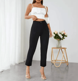 Women’s High Waist Solid Color Pencil Pants – All-Season Button Front Slim Fit Trousers – Full-Length Daily Office & Casual Wear