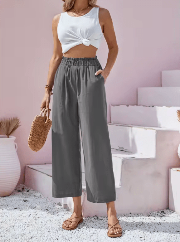 Women’s Cotton Linen Wide Leg Pants – Loose Fit Summer Trousers with High Elastic Waist & Button Detail – Lightweight Solid Color Casual Streetwear