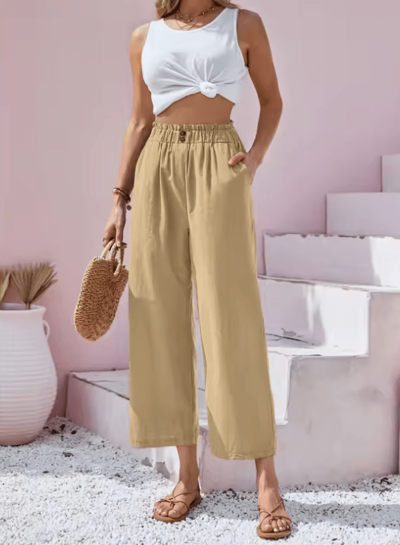 Women’s Cotton Linen Wide Leg Pants – Loose Fit Summer Trousers with High Elastic Waist & Button Detail – Lightweight Solid Color Casual Streetwear