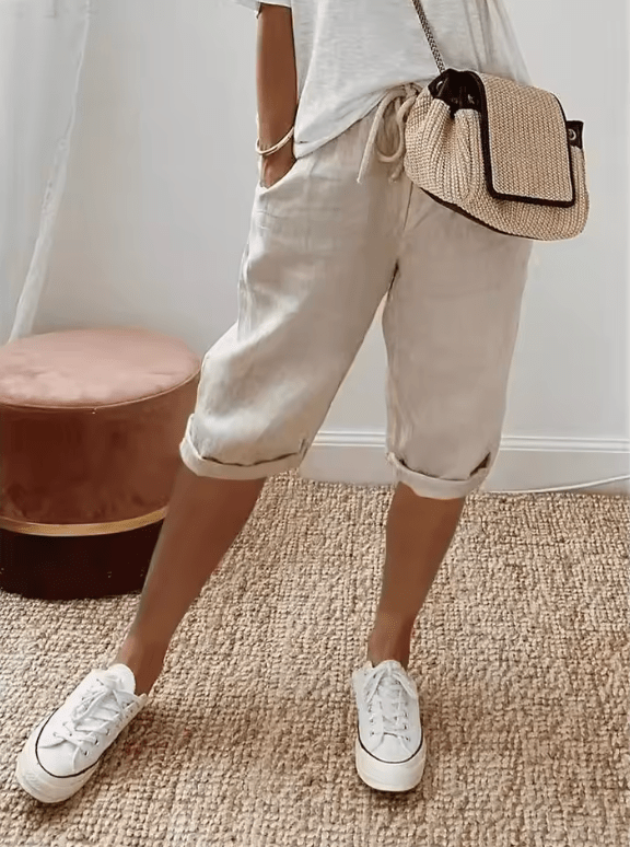 Women’s Cotton Linen Summer Shorts – 5-Quarter Length Casual Pants with Elastic Waist & Pockets – Lightweight Relaxed Fit