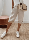 Women’s Cotton Linen Summer Shorts – 5-Quarter Length Casual Pants with Elastic Waist & Pockets – Lightweight Relaxed Fit