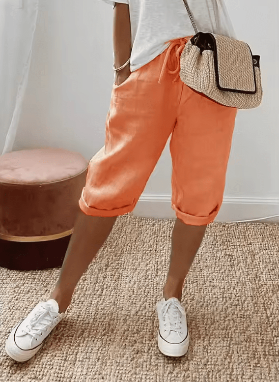 Women’s Cotton Linen Summer Shorts – 5-Quarter Length Casual Pants with Elastic Waist & Pockets – Lightweight Relaxed Fit