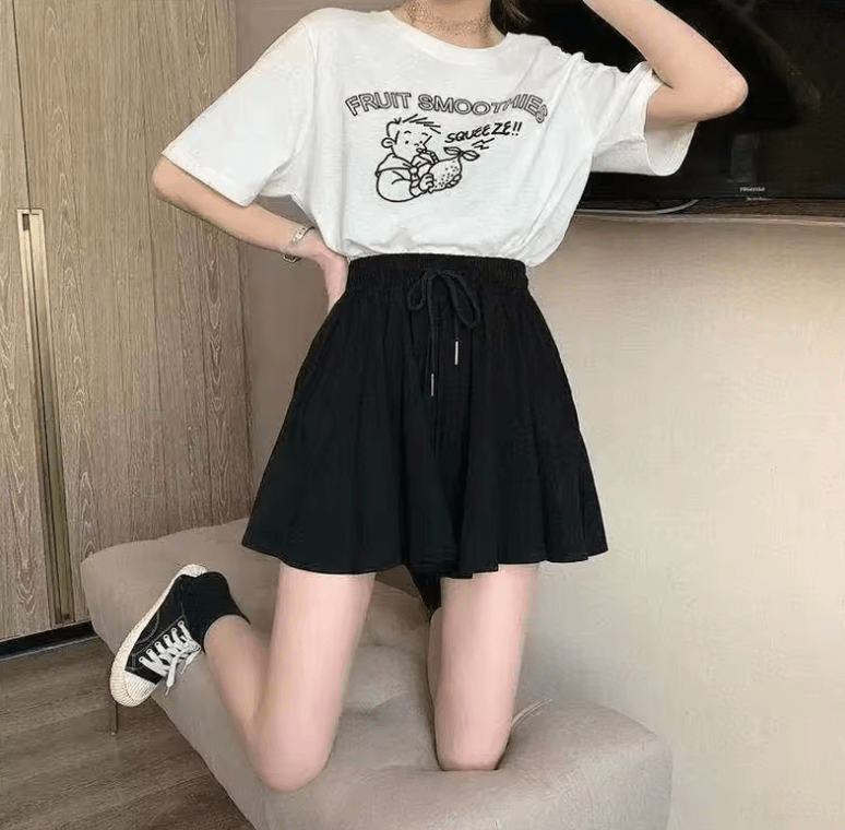 Women’s Summer A-Line Skort – High Waisted Wide Leg Mini Shorts with Elastic Waist – Korean Style Casual Skirt Pants