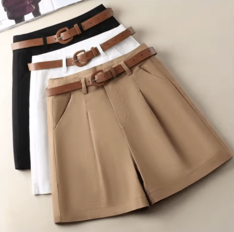 Women’s High Waisted Cotton Shorts – Summer 2025 Office Lady Style with Belt – Solid Color Korean Fashion Straight Short Pants