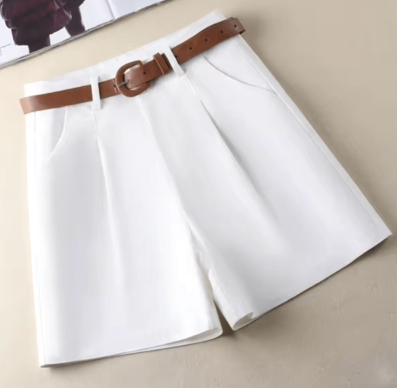 Women’s High Waisted Cotton Shorts – Summer 2025 Office Lady Style with Belt – Solid Color Korean Fashion Straight Short Pants