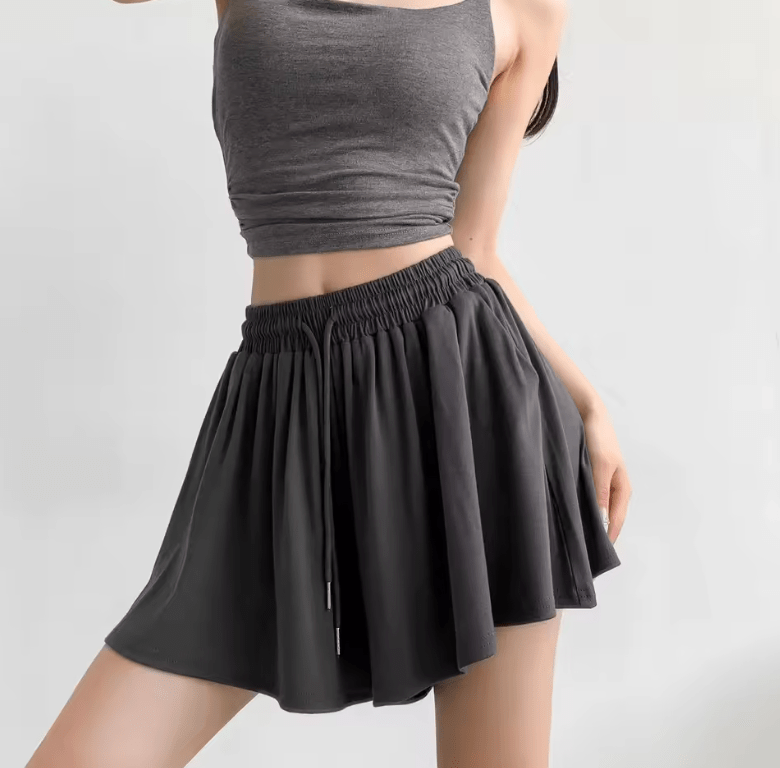 Women’s High-Waisted Wide-Leg Draped Skort – Solid Color Anti-Exposure Shorts for Trendy Girls – Elastic Waist Fashion Mini