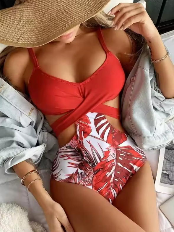 Hot Sale 2025 New Leaf Bikini Swimsuit for Women – Cross Strap Triangle One-Piece Sexy Swimwear – Fashionable Female Bathing Suit