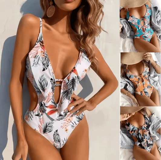 2025 Sexy Strap One-Piece Swimsuit for Women – Summer Print Backless Monokini with Elastic Chest Pad – Tight Fit Swimwear