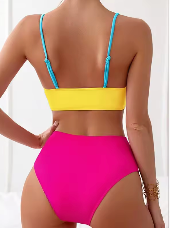 2025 High Waist Bikini for Women – Color Block Two-Piece Strapless Swimsuit with Gathered Crossbody Design, Sexy Chinese Brand Swimwear