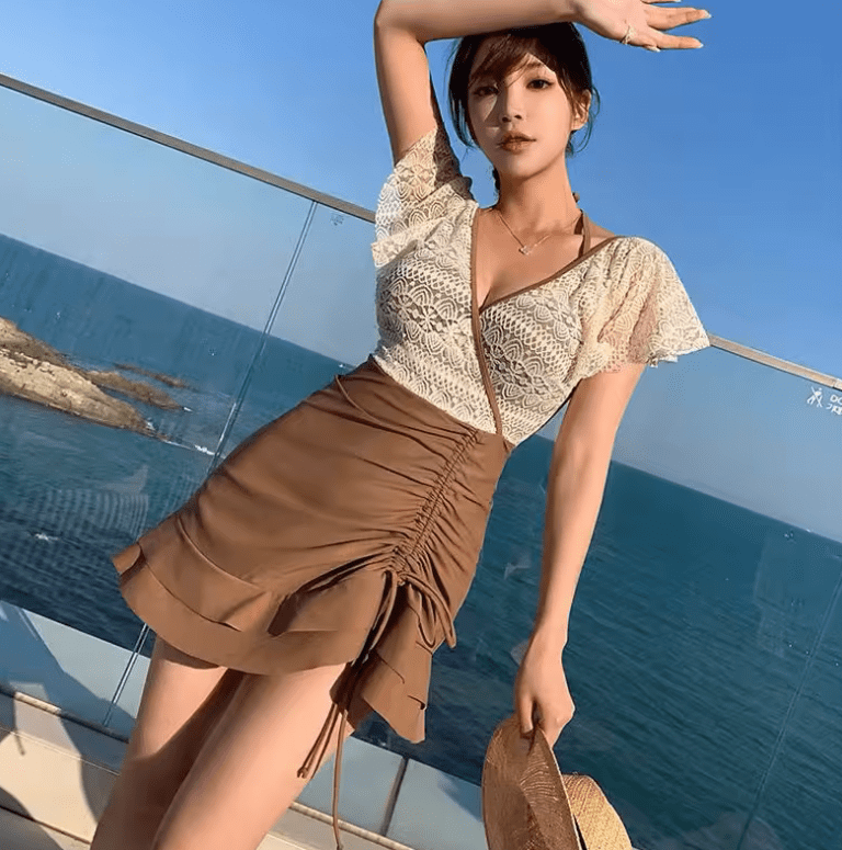 2025 Korean Fashion One-Piece Swimsuit – Slimming Deep V-Neck Dress-Style Swimwear with Double Color Design & Tummy Control – Women’s Monokini