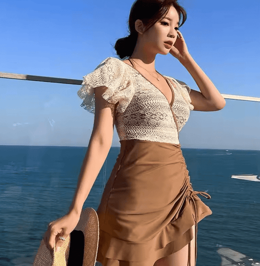 2025 Korean Fashion One-Piece Swimsuit – Slimming Deep V-Neck Dress-Style Swimwear with Double Color Design & Tummy Control – Women’s Monokini