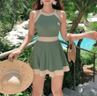 2025 Girls’ One-Piece Swimsuit with Skirt – Bean Green Waist-Cinching Slimming Swimwear – Fresh Belly-Covering Design for Vacation & Hot Springs